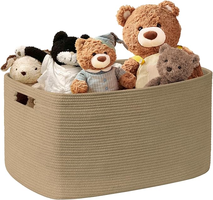 45L Small Wicker Laundry Basket for Living Room Storage,Cute Boho Woven Cotton Rope Baskets for Kids Toy,Gifts,Square Blanket Hamper for Bedroom Dirty Clothes,Jute