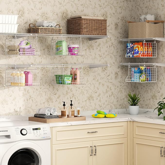 3-Tier Foldable Laundry Basket Organizer with Rotating Hooks - Space-Saving Over Washer and Dryer Shelf for Laundry Room Organization and Storage, Durable Wire Shelving Unit, White