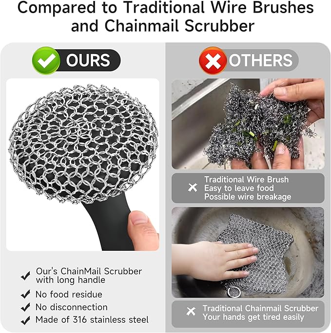 SUBEKYU Cast Iron Scrubber with Silicone Handle, Stainless Steel Skillet Cleaner for Cast Iron Pans (Black Scrubber + Scraper)