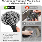 SUBEKYU Cast Iron Scrubber with Silicone Handle, Stainless Steel Skillet Cleaner for Cast Iron Pans (Black Scrubber + Scraper)