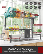 Sakugi Over The Sink Dish Drying Rack - Adjustable 2 Tier Large Capacity Stainless Steel Drainer with Cutlery & Utensil Holders, Kitchen Storage & Organization, 30"-33.9" L x 11" W x 21.5" H, Gray