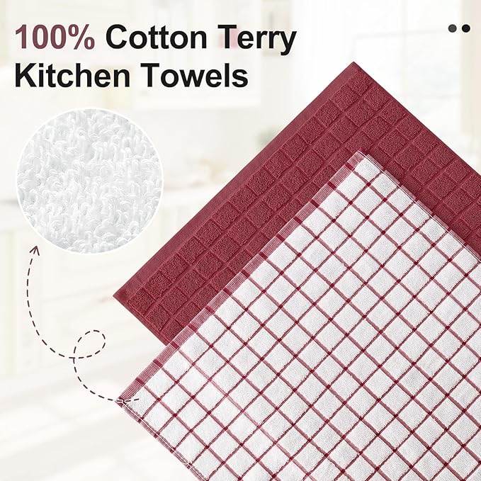 Homaxy Premium Cotton Kitchen Towels 16"x 28", Large Natural Ring Spun 390 GSM Dish Towels, Super Absorbent Terry Kitchen Hand Towels, Soft Tea Towel with Hanging Loop, Red Check Design,8 Pack