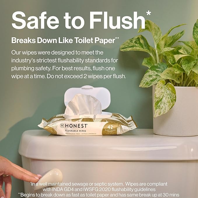 The Honest Company Flushable Wipes for Sensitive Skin Fragrance-Free Hypoallergenic pH-Balanced Feminine 99% Water Safe-to-Flush Gilded Wings 126 Count