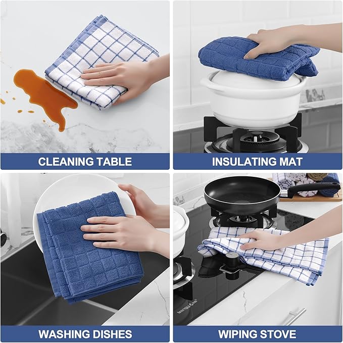 Homaxy Premium Cotton Kitchen Towels 16"x 28", Large Natural Ring Spun 390 GSM Dish Towels, Super Absorbent Terry Kitchen Hand Towels, Soft Tea Towel with Hanging Loop, Navy Blue Check Design, 6 Pack