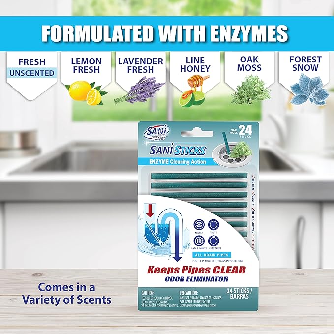 SANI 360° Sani Sticks Drain Cleaner and Deodorizer, Enzyme Pipe Cleaners, Eliminate Odors, Prevent Clogged Drains, Safe for Sinks, Bathtub Drains, Septic Tanks, 24 Count, Oak Moss