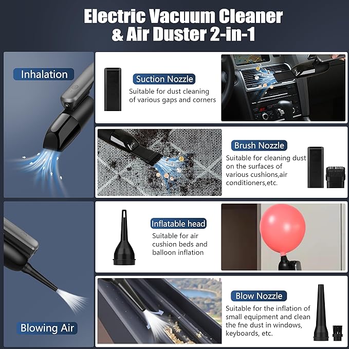 Handheld Vacuum Cordless Rechargeable -Vacuum, Blow, Pump 3 in 1 Portable Car Vacuum Cleaner Lightweight, Fast Charge