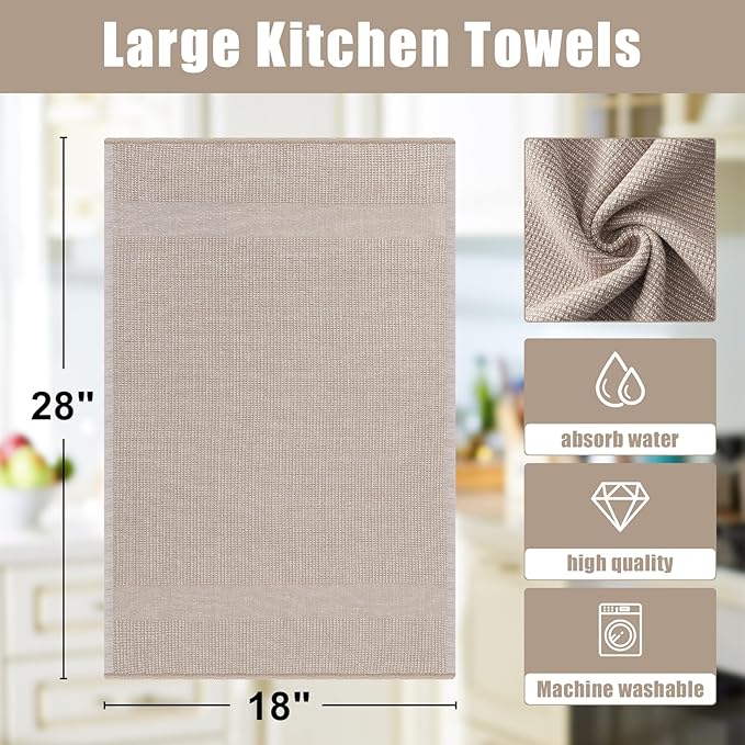 Homaxy Premium Kitchen Towels(18”x 28”, 12 Pack), Large Cotton Kitchen Hand Towels, Flat and Terry Dish Towels, 380 GSM Highly Absorbent Tea Towel Set with Hanging Loop, Khaki