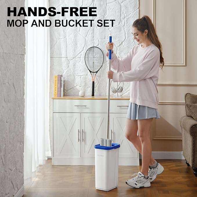 Mop and Bucket Set, Mops for Floor Cleaning with Long Handle, Squeeze Flat Mop and Bucket System, Dry & Wet Dust Mop for Household Floor Cleaning with 5 Microfiber Mops, Slate Blue