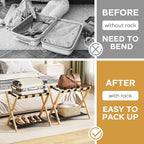 oakvivo Fully Assembled Luggage Rack, 26.77" Natural Luggage Rack for Guest Room, Bamboo Folding Suitcase Stand with Fabric Storage Shelf, Heavy Duty 5 Nylon Straps Luggage Holder for Hotel, 1 Pack