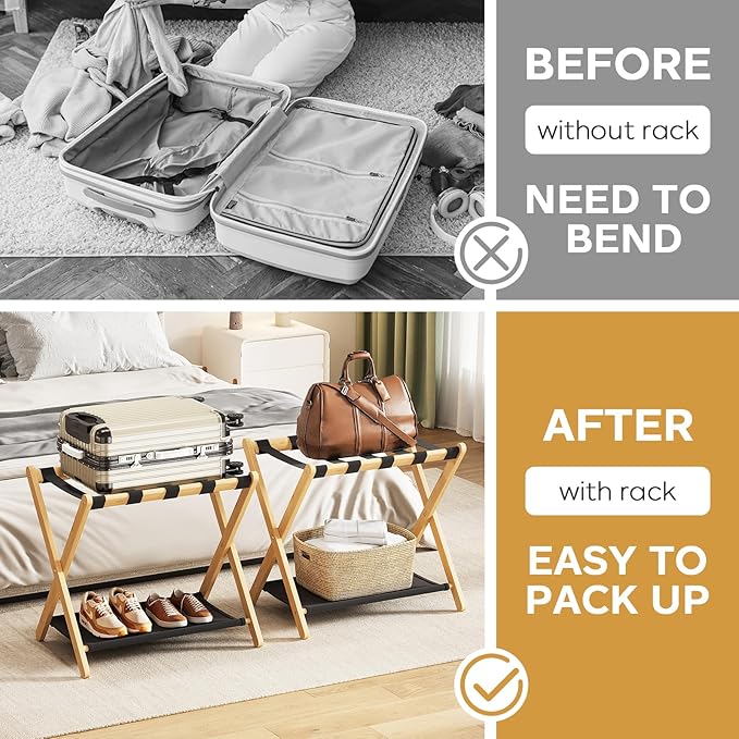 oakvivo Fully Assembled Luggage Racks Pack of 2, Bamboo Natural Foldable Luggage Rack for Guest Room, Suitcase Stand with Fabric Storage Shelf for Hotel, 5 Nylon Straps, 26.77" W x 16.93" D x 22.5" H