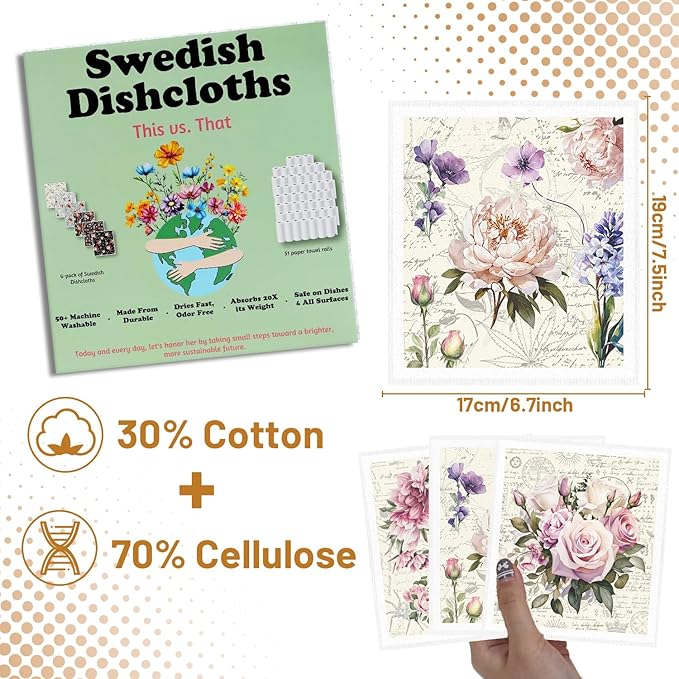 Vintage Pink Rose Swedish Dishcloths for Kitchen, 6PCS Floral Swedish Cloths for Washing Dishes, Reusable Retro Rose Washable Kitchen Towels, Washable Sponge Cloths for Home Party Cleaning