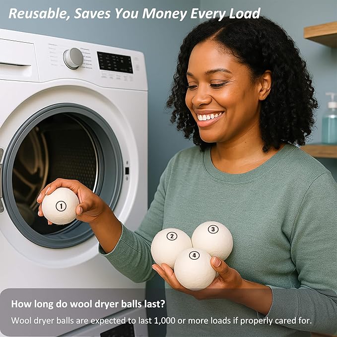 Wool Dryer Balls Laundry, XL(2.7") 4 Pack, Premium Fabric Softener Ball, Reusable, Anti Static, Chemical Free Natural Wool Balls for Dryer, Laundry Dryer Balls – 100% New Zealand Wool