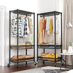 Heavy Duty Clothes Rack Rolling Garment Rack,3 Tier Adjustable Wire Shelving Clothing Racks for Hanging Clothes with Double Rods&Side Hooks,Freestanding Wardrobe Storage Rack Metal Portable Closet