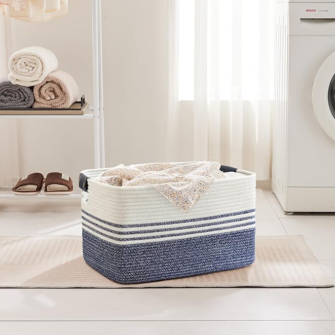 60L Large Laundry Basket with Leather Handles for Living Room Storage, Woven Rope Baskets Bin for Blanket, Kids Toy, Gifts, Wicker Hamper for Bedroom Dirty Clothes, 21"x15"x11" Denim Blue