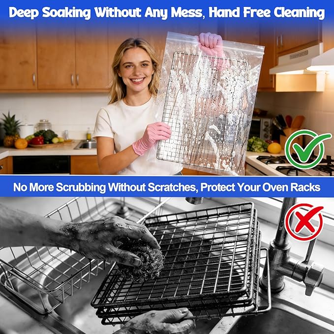 Juome Oven Rack Cleaning Bags, 4 Pack Reusable No Scrub Oven Rack Cleaning Bags Kit with 6 Gloves & 1 Brush, Leak Proof PE Cleaner Bags (19.7 * 27.5 inch) for Deep Soaking BBQ Racks, Grill Grates