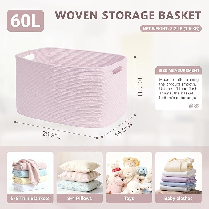 60L Small Baby Girls Laundry Basket for Nursery Storage,Cute Woven cotton Rope Baskets for Kids Toy，Gifts, Boho Square Wicker Blanket hamper for Living Room,Bedroom Dirty Clothes,Pink