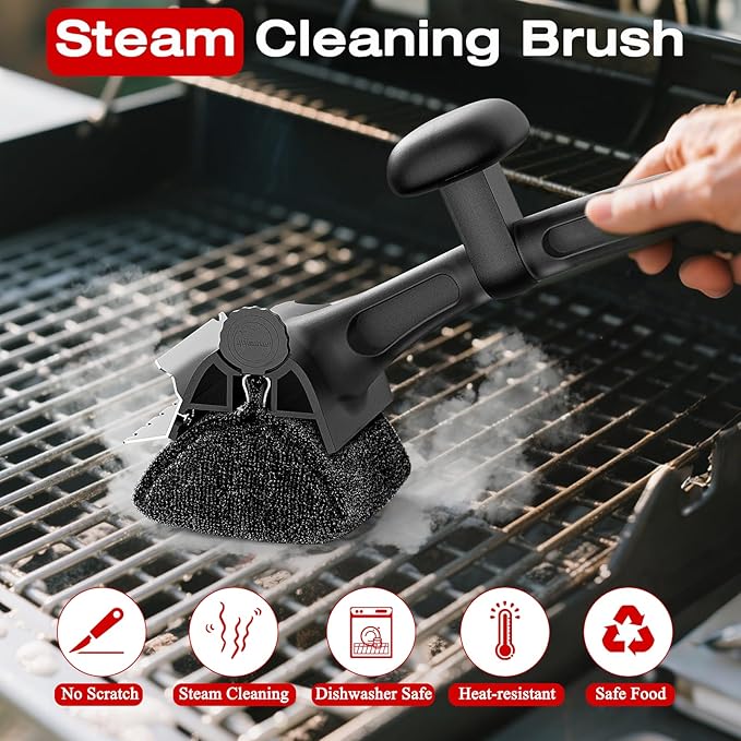 Grill Brush for Outdoor BBQ - Replaceable Bristle Free Heading + Reinforced Scraper - Safe BBQ Accessories for Porcelain/Gas/Charcoal/Smoker/Cast Iron Grill - Cleaning Brush(Black)