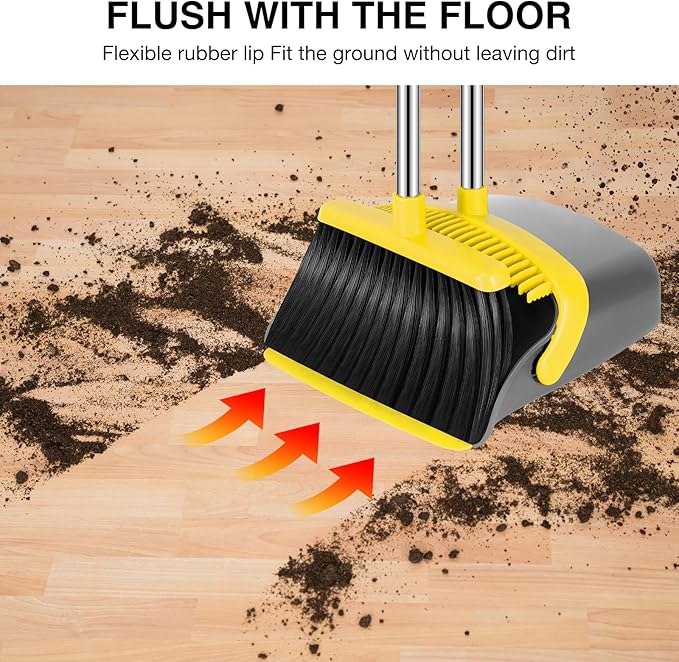 NACENA Broom and Dustpan Set, 52-in Long Adjustable Handle Broom Dustpan Combo with Dustpan Teeth to Automatically Clean Hair Suitable for Home Kitchen Office Hall Floor (Grey&Yellow), 4 Pack