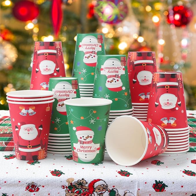 Lamosi 100 Pack Christmas Paper Cups 12 oz, Disposable Coffee Cups Hot/Cold Beverage for Holiday, Party, Cafe, Restaurant, Office and Home
