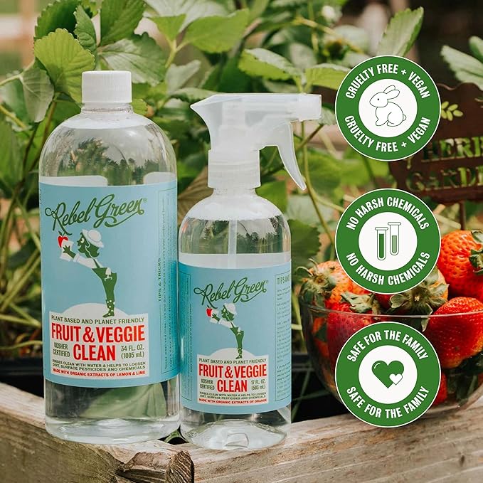 Rebel Green Fruit & Veggie Wash - Natural Produce Wash - Plant-Based Vegetable Wash Spray - Fruit and Vegetable Wash with No Aftertaste - Sustainable Food Wash - (34 oz Refill Bottles, 6 Pack)