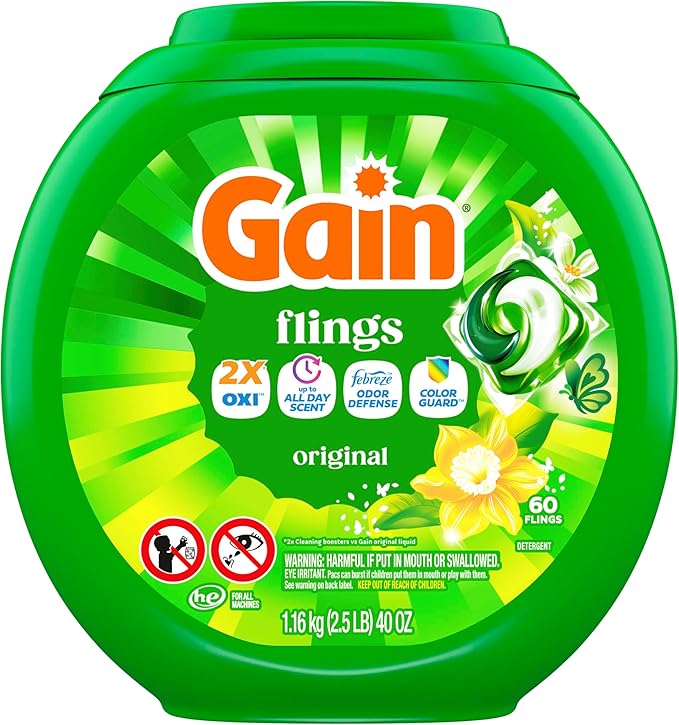 Gain Flings Laundry Detergent Pacs, 60 Count, Original Scent, with Odor Defense, concentrated laundry soap pacs