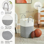 Laundry Basket,Woven Cotton Rope Laundry Hamper,Versatile Storage for Dirty Clothes,Baby Toys,and Blankets in Bathroom, Nursery,and Living Room (Grey, 60L)