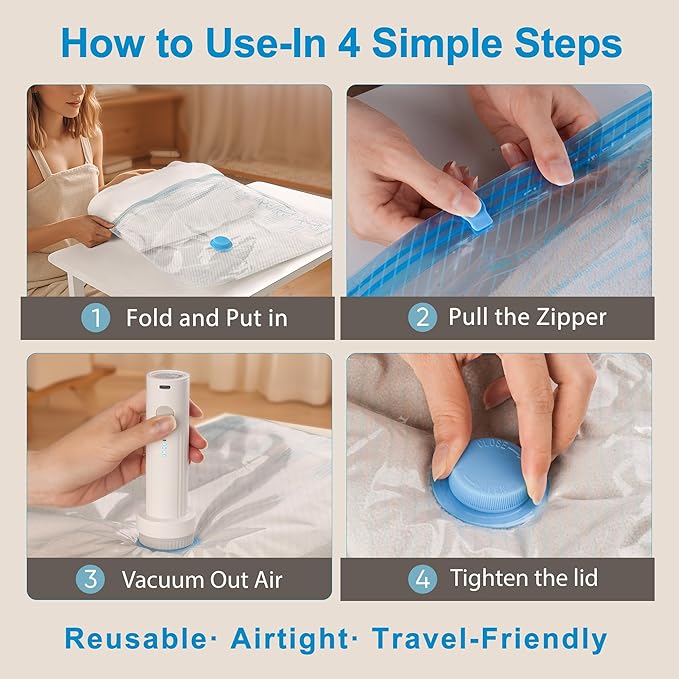 Vacuum Seal Bags for Clothing Travel, 12 Pack Vacuum Storage Bags for Clothes with Portable Electric Pump, Space Saver Bags for Luggage Traveling and Clothing