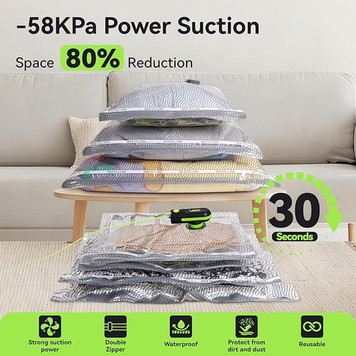 12 Pack Vacuum Bags for Travel with USB & TYPE C Pump,Compression Packing Cubes for Luggage,Carry-on Space Saver Vacuum Seal Bags&Vacuum Storage Bags for Vacation(Green)