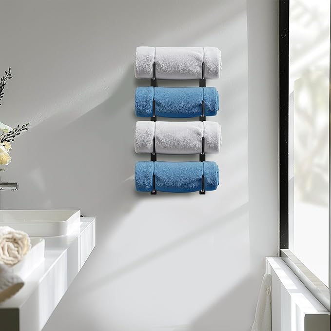 Bathroom Rolled Towel Rack: 4-Tier Wall Mounted Towel Storage Holder, Hanging Organizer for Towels, Blankets, Large Bath Sheets, Space Saving in RV, Closet, Toilet, Cabinet, Black Metal