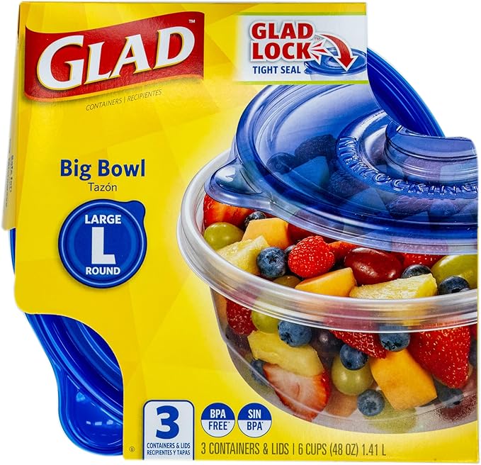 Glad GladWare Big Bowl Food Storage Containers with Lids, Large Round BPA Free Plastic Containers for Soups, Salads, and Meal Prep, Lock Tight Seal, Microwave Dishwasher Safe, 48 Oz, 3 Count - 6 Pack