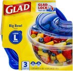 Glad GladWare Big Bowl Food Storage Containers with Lids, Large Round BPA Free Plastic Containers for Soups, Salads, and Meal Prep, Lock Tight Seal, Microwave Dishwasher Safe, 48 Oz, 3 Count - 6 Pack