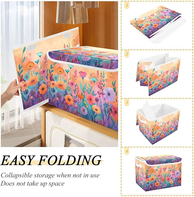 senya Large Storage Bins with Linen Collapsible Foldable Storage Cubes Fabric Closet Organizer Containers box with Flip-Top Lid for Home Bedroom Office 16.7 x 12.6 x 11.8in (Wildflowers Colorful)