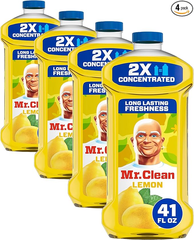 Mr. Clean All Purpose Cleaner, Floor Cleaner for Mopping Home, Bathroom, & Kitchen, Cleaning Liquid for Mop & Bucket, Cleaning Supplies, Multi-Surface Dilutable, Lemon, 41oz (Pack of 4)