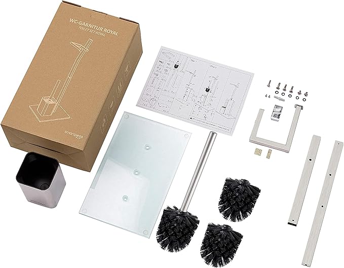 WC Set with roll Holder - White – Toilet Paper Holder - Stainless Steel – Glass Base –Dim.: 32x20x70cm– Easy Installation – Plus: 1+2 Extra Toilet Brush Heads for Exchange!