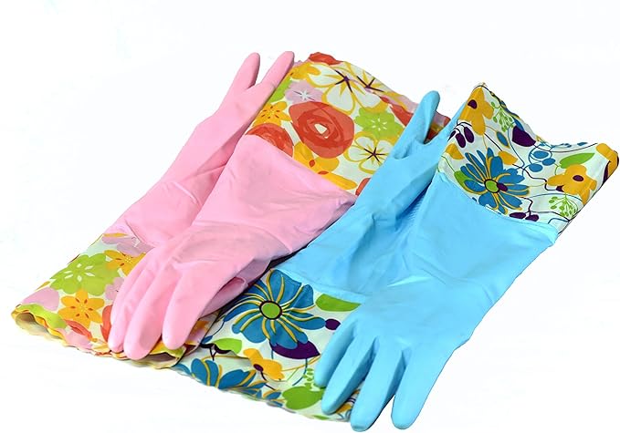 Finnhomy Household Gloves Latex free cleaning Gloves with soft fiber lining extra long cuff 15" and Vinyl Textured Grip 2 PairSmall, Mixed