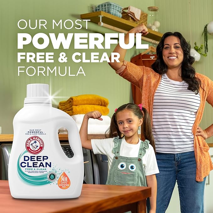 ARM & HAMMER Deep Clean Free & Clear Liquid Laundry Detergent, Free of Dyes, Perfumes and Phosphates, Suitable for Sensitive Skin, Dermatologist Tested, 75 Fl Oz, 50 Loads