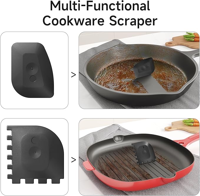 SUBEKYU Cast Iron Scrubber with Silicone Handle, Stainless Steel Skillet Cleaner for Cast Iron Pans (Yellow Scrubber + Scraper)