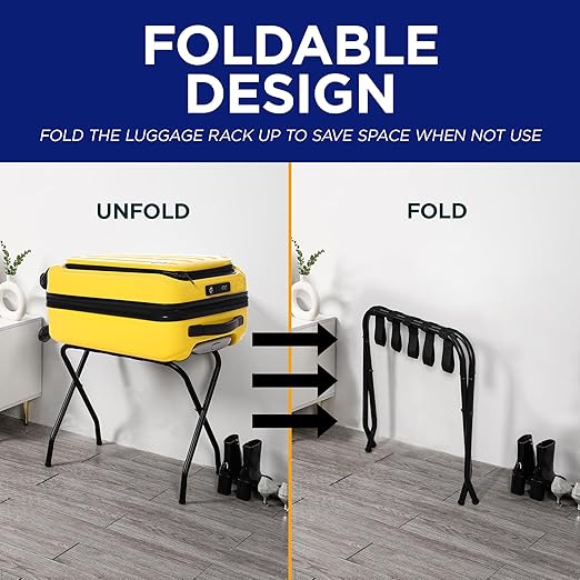 Lifemaster Metal Luggage Rack - Pack of 4 Foldable, Easy Assembly, Space Saving, and Stylish Steel Frame Guest Suitcase Stands with Nylon Straps - Black