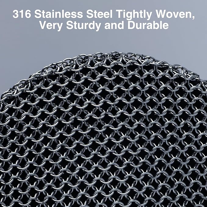 Upgraded Cast Iron Cleaner Brush with Heavy Duty Handle, Chain Mail Cast Iron Skillet Pan Scrubber for Griddle Cleaning Brush with Pan Grill Scrapers