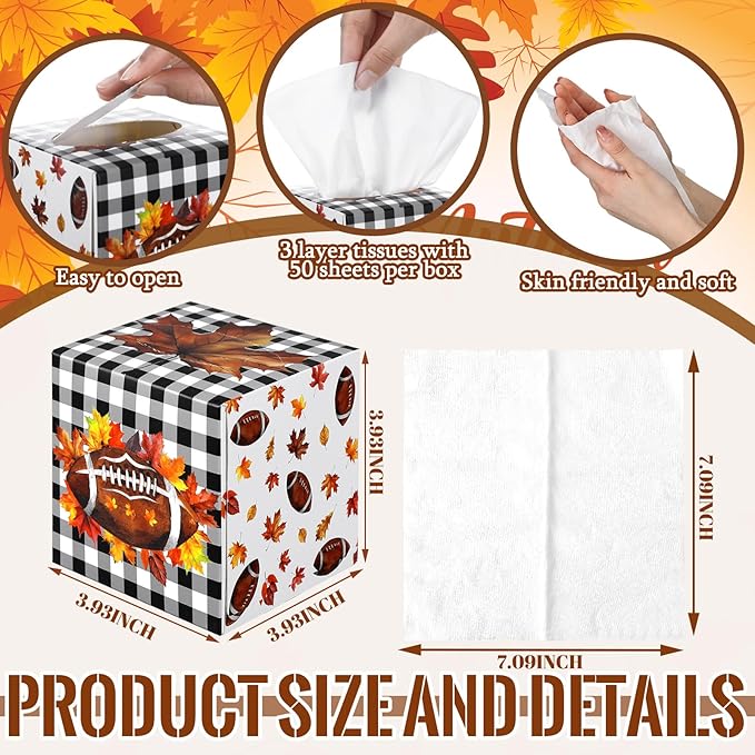 12 Pack Fall Football Facial Tissues Cube Boxes 600 Sheets 3 Ply Autumn Small Maple Leaf Square Face Tissues Bulk for Thanksgiving Day Car Bedroom Party Supplies