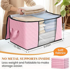 Fab totes 3 Pack Clothes Storage, Foldable Thick Fabric Blanket Storage Bags, Containers for Organizing Bedroom, Closet, Clothing, Comforter, Organization with Handle,Pink