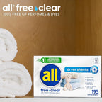 all Fabric Softener Dryer Sheets for Sensitive Skin, Free Clear, 195 Count