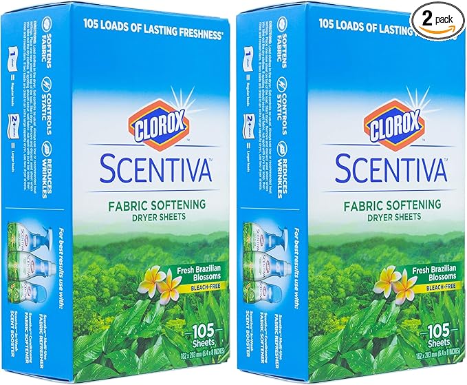Clorox Scentiva Fabric Softening Dryer Sheets - Fabric Sheets in Fresh Brazilian Blossoms Scent - Laundry Dryer Sheets for Fresh & Clean Clothes - Fabric Softener Sheets, Dryer Sheet, 105 Count