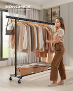 SONGMICS Clothes Rack with Wheels, Heavy-Duty Clothing Rack for Hanging Clothes, Portable, 17.7 x (63-78.7) x 63.6 Inches, with Extendable Hanging Rail, 330 lb Load Capacity, Black UHSR175B01
