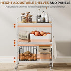 3-Tier Metal Storage Rack with Industrial Wheels,Mesh Shelving Unit with Wooden Table top,Adjustable Shelf,23.6-Inch Width,15.8-Inch Depth, for Kitchen, Laundry,Pantry,Plant,white