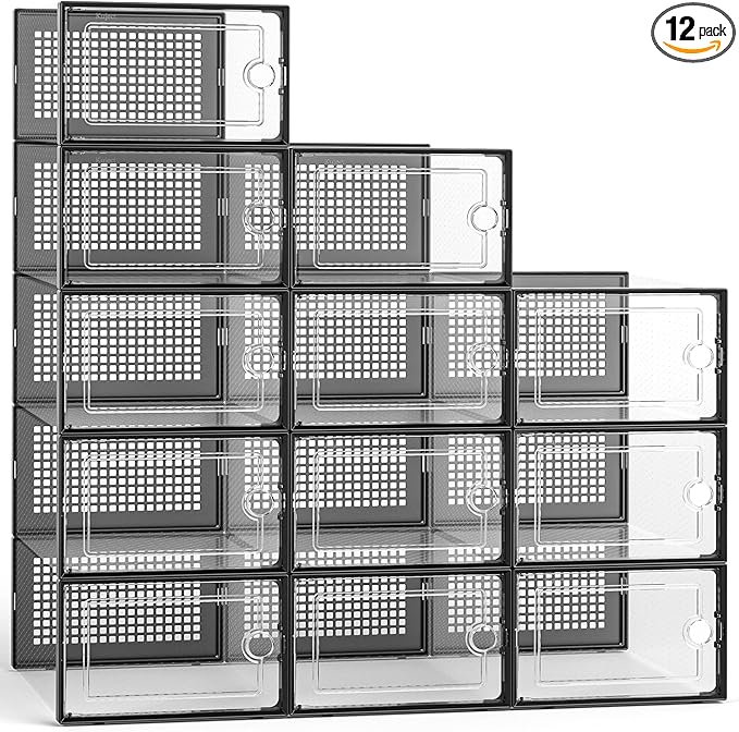 Kuject Large Shoe Organizers Storage Boxes for Closet, 12 Pack Clear Plastic Stackable Storage Bins with Lids, Under Bed Shoe Containers for Entryway, Drop Front, Fit up to Women's Size 10,Black