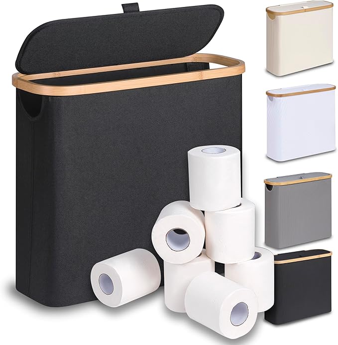 efluky Toilet Paper Basket 28L, Toilet Paper Holder with Lid for Bathroom, Free Standing Storage Organizer Holds Up to 9-12 Rolls (Black, 1)