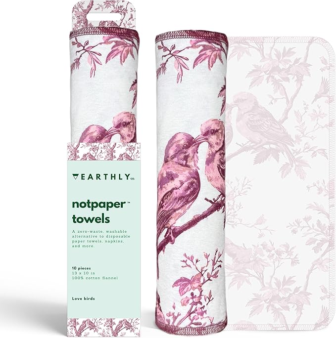Reusable Paper Towels - 10 Pack - Roll of Washable Cotton Cloth Paper Towels - Paperless Reusable Napkins Cloth Washable - Absorbent + Long Lasting - Zero Waste Products - (Love Birds)