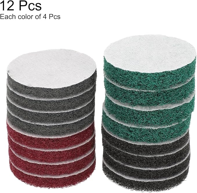 HARFINGTON 4pcs Scrubber Scouring Pads 180 400 800 1200 Grits 3 Inch Drill Power Brush Hoop and Loop Surface Conditioning Disc Drill Scuffing Disc Scrub Pads for Kitchen Cleaning, 4 Colors