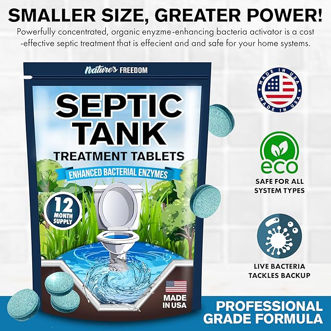 Nature's Freedom Septic Treatment Tablets – 1 Year Supply, Small Yet Powerful Enzyme Formula, Prevents Backups, Odors & Clogs, Made in the USA